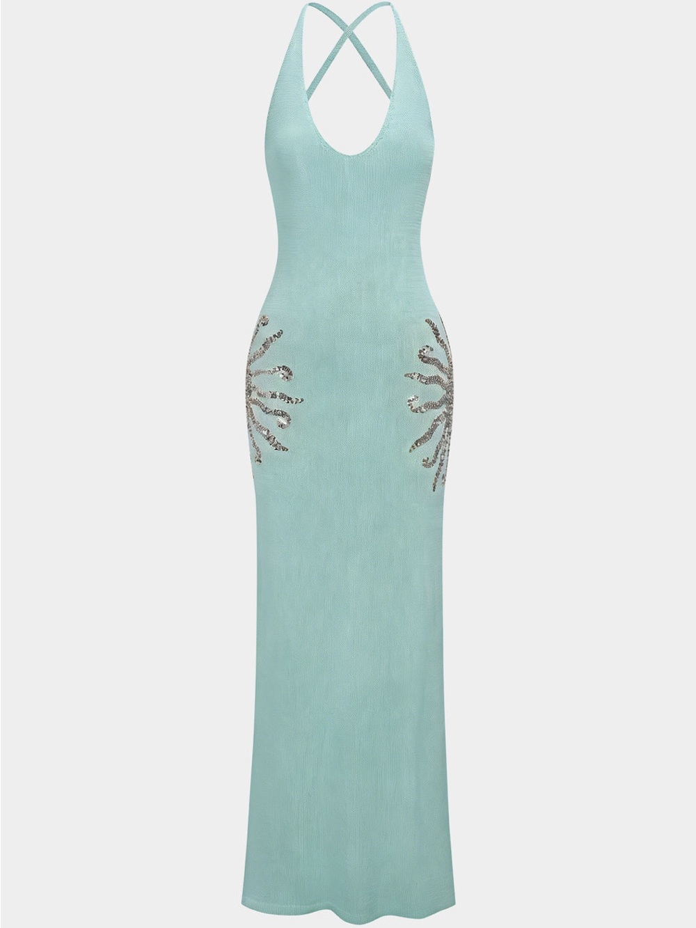Sleeveless Aqua Cross-Back Embellished Maxi Dress